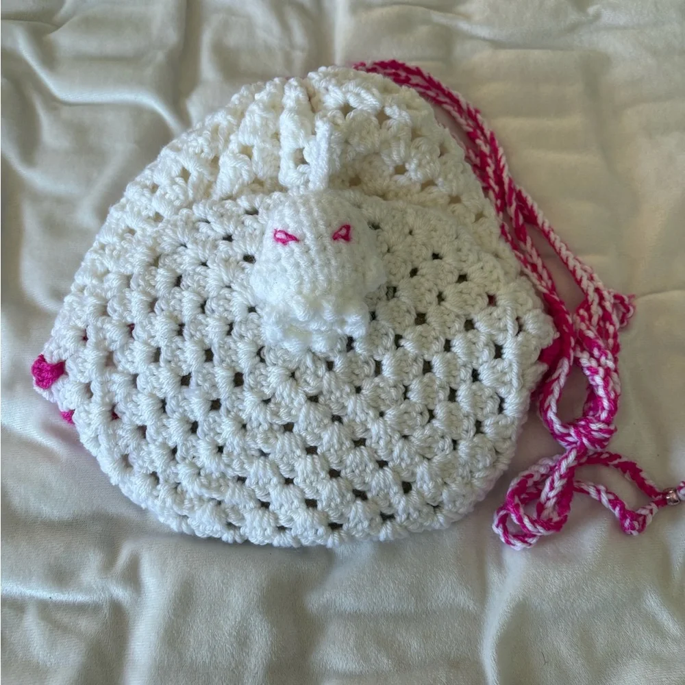Charming White and Pink Crochet Kids Bag